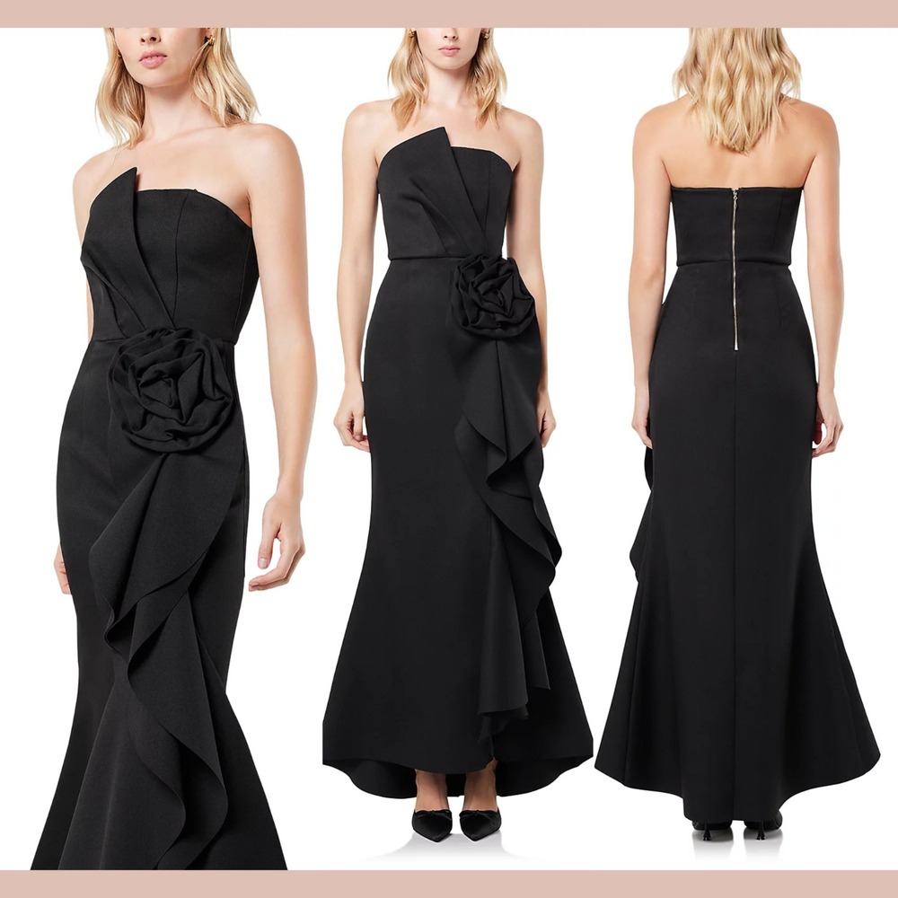 NWT Elliatt [ XS‎ ] Gavotte Rosette Strapless Ruffle Side Gown in Black #Q1236